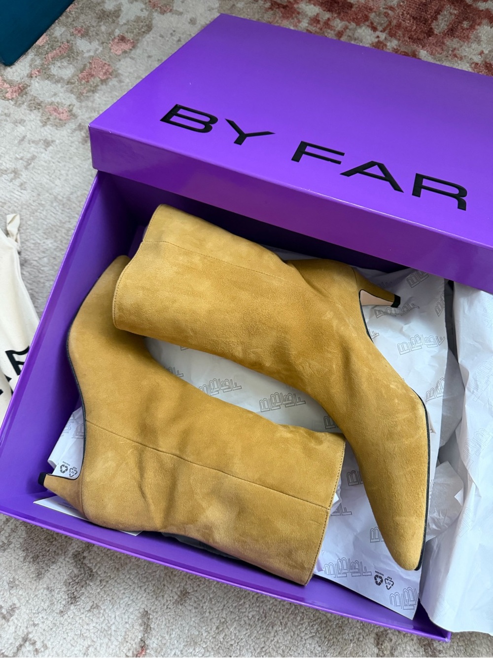 BY FAR Mustard Yellow Suede Pointed Ankle Boots
